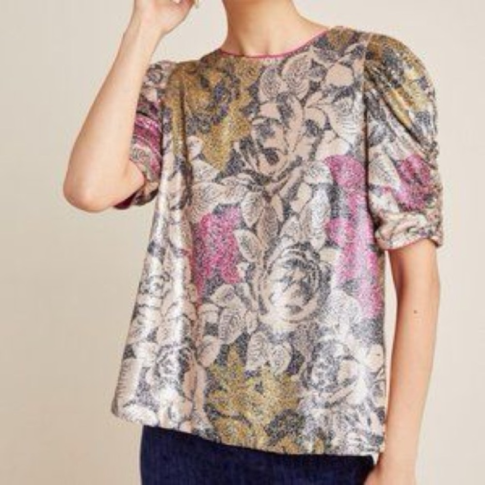 Anthropologie Sequin Floral Puff Sleeve Blouse